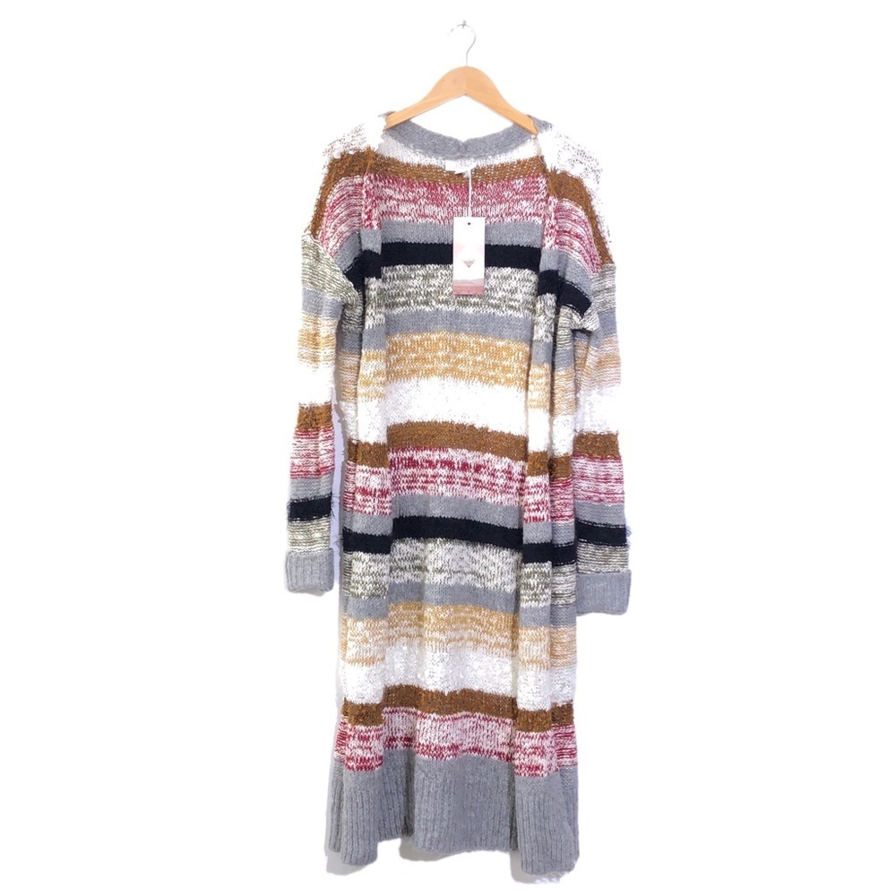 Sun & Shadow Boho Chic Fuzzy Striped Long Knit Open Cardigan S